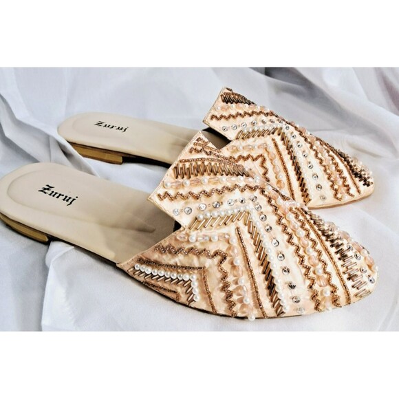 Peach Satin Embroidered Beaded Slip On Mules Zuruj Size 41 US 10 - Picture 2 of 13